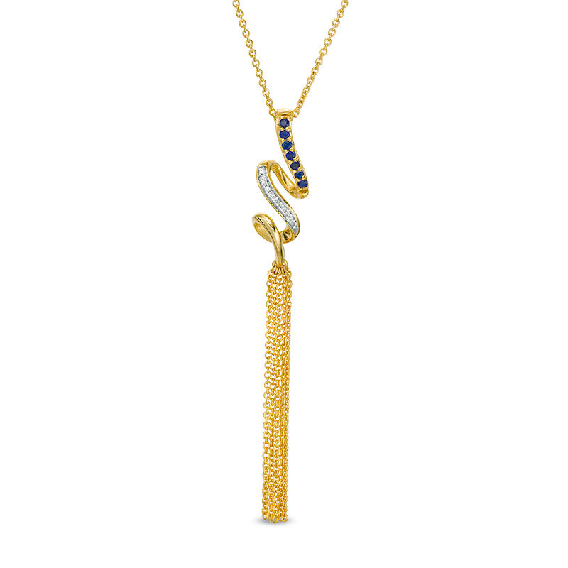 Lab-Created Blue Sapphire and Diamond Accent Cascading Ribbon Tassel Pendant in Sterling Silver with 14K Gold Plate|Peoples Jewellers