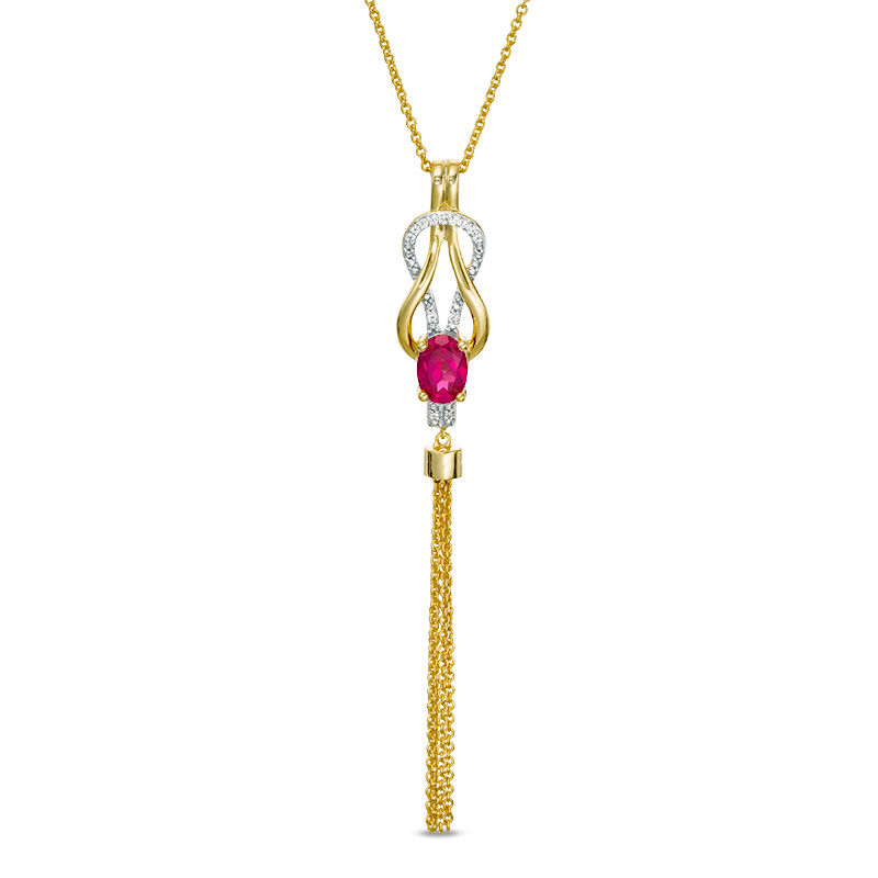Oval Lab-Created Ruby and 0.04 CT. T.W. Diamond Double Loop Knot Tassel Pendant in Sterling Silver with 14K Gold Plate