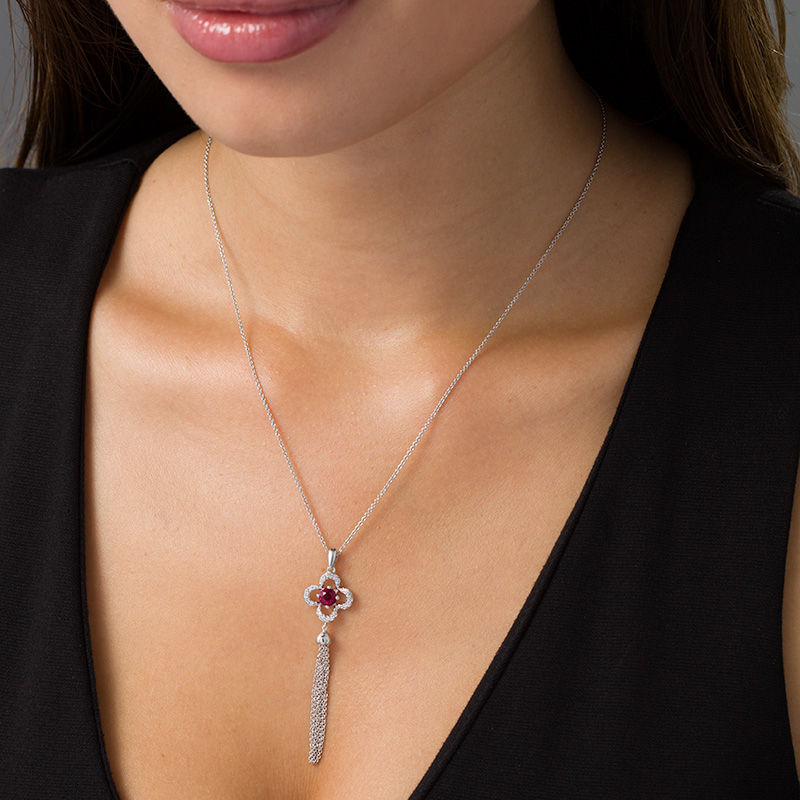 Main Image 2 of 5.0mm Lab-Created Ruby and White Sapphire Clover Frame Tassel Dangle Pendant in Sterling Silver
