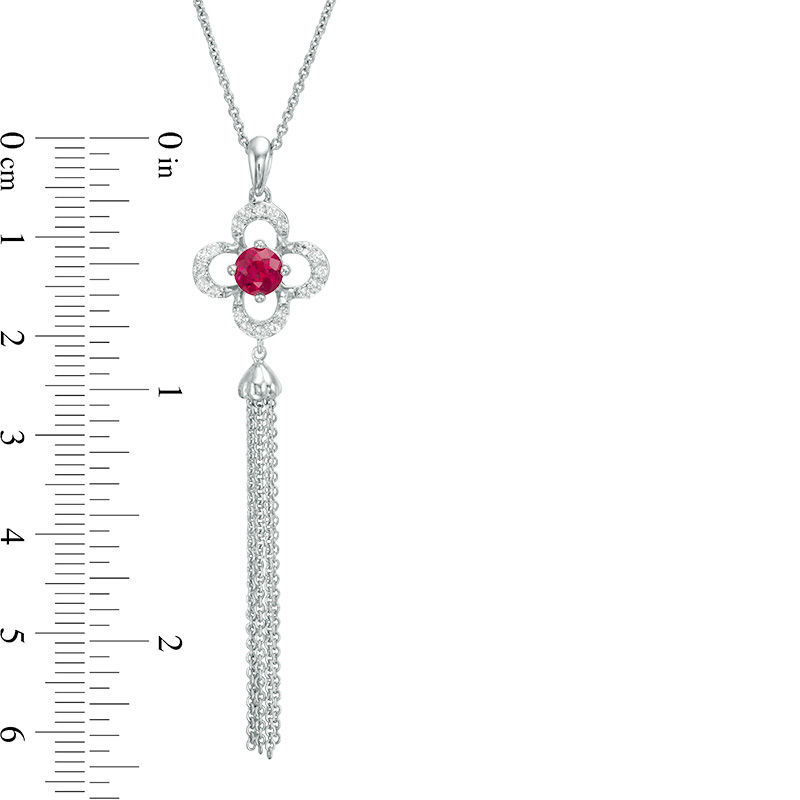Main Image 3 of 5.0mm Lab-Created Ruby and White Sapphire Clover Frame Tassel Dangle Pendant in Sterling Silver