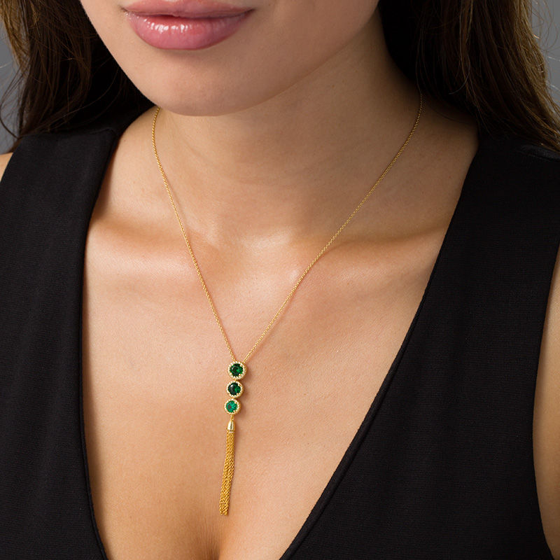 Lab-Created Emerald Three Stone Rope Frame Tassel Dangle Pendant in Sterling Silver with 14K Gold Plate