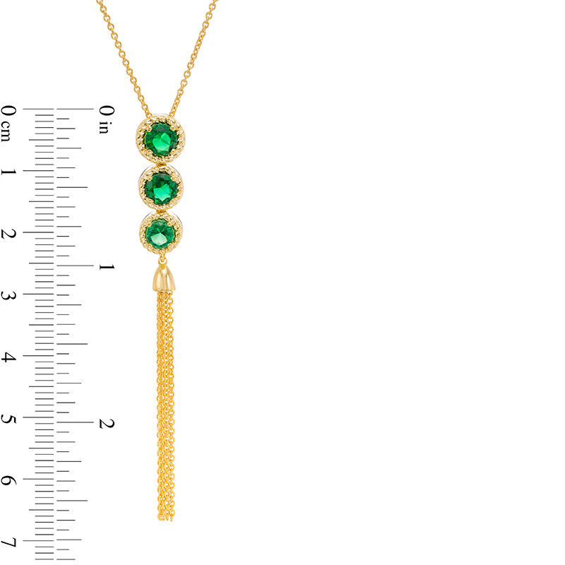 Lab-Created Emerald Three Stone Rope Frame Tassel Dangle Pendant in Sterling Silver with 14K Gold Plate