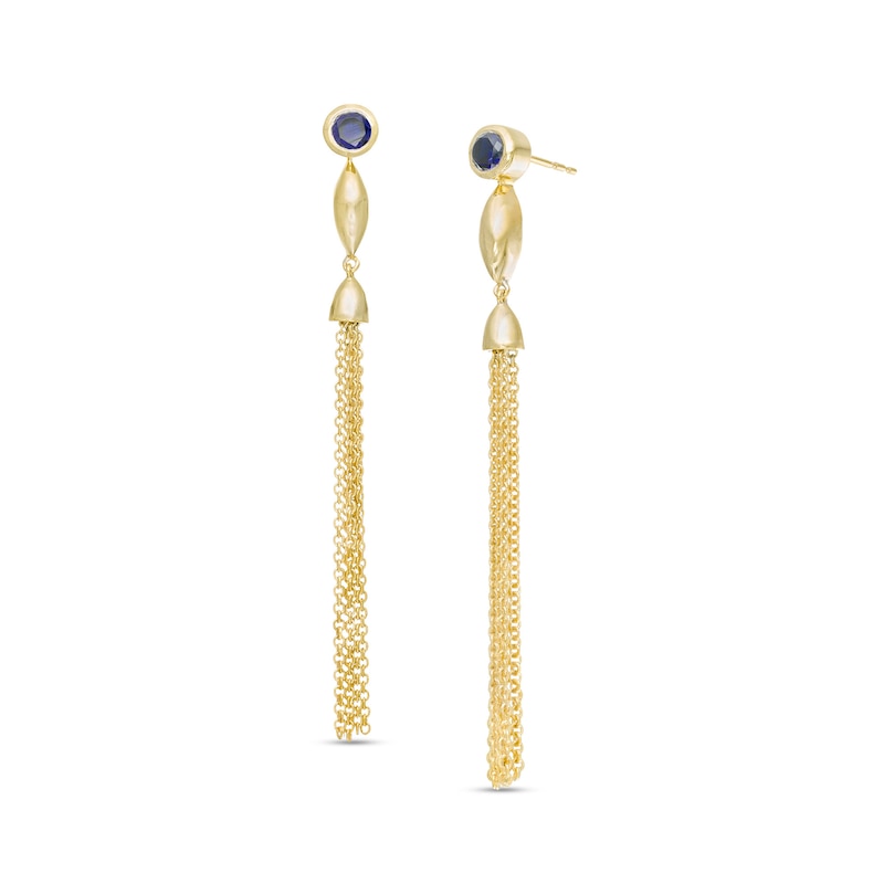 Main Image 1 of Lab-Created Blue Sapphire Solitaire Marquise Accent Tassel Drop Earrings in Sterling Silver with 14K Gold Plate