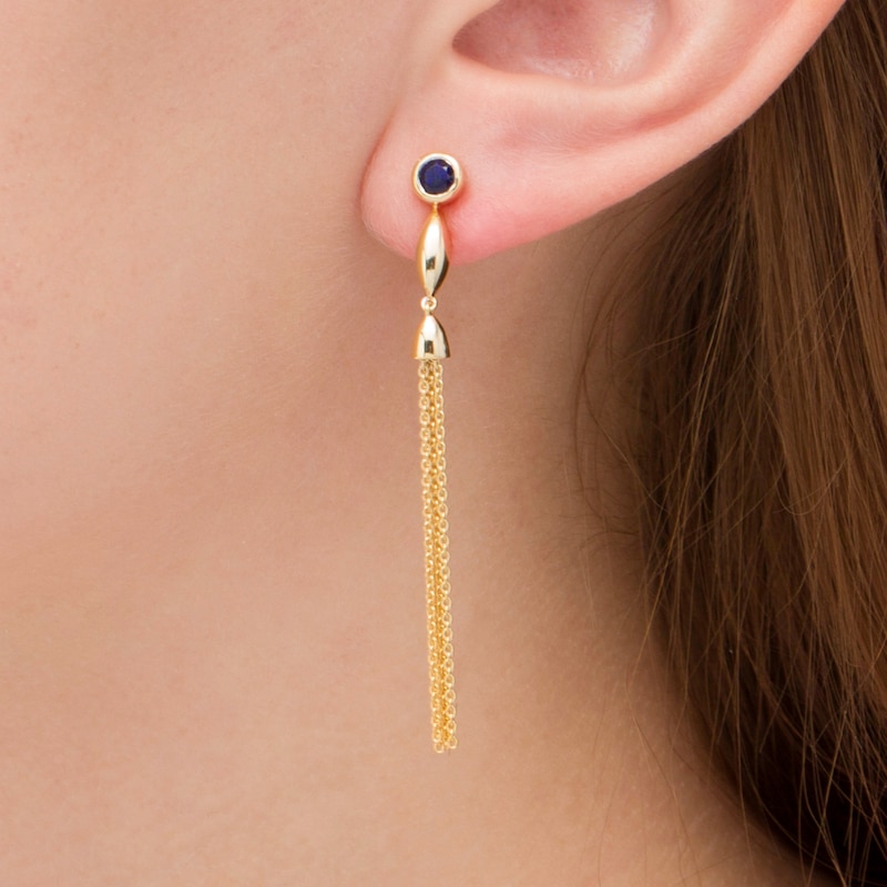 Main Image 2 of Lab-Created Blue Sapphire Solitaire Marquise Accent Tassel Drop Earrings in Sterling Silver with 14K Gold Plate