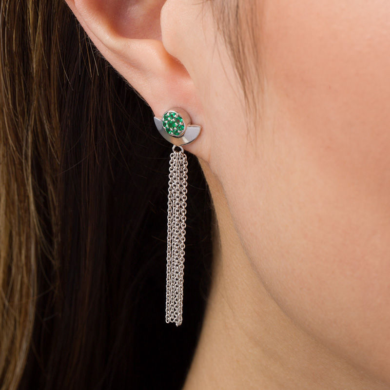 Lab-Created Emerald Cluster Tassel Drop Earrings in Sterling Silver