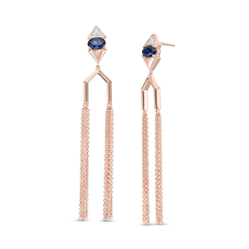 Lab-Created Blue Sapphire and 0.04 CT. T.W. Diamond Tassel Drop Earrings in Sterling Silver with 14K Rose Gold Plate