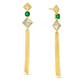 Lab-Created Emerald and 0.066 CT. T.W. Diamond Tilted Square Tassel Drop Earrings in Sterling Silver with 14K Gold Plate