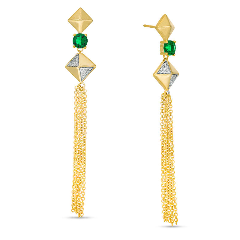 Lab-Created Emerald and 0.066 CT. T.W. Diamond Tilted Square Tassel Drop Earrings in Sterling Silver with 14K Gold Plate|Peoples Jewellers