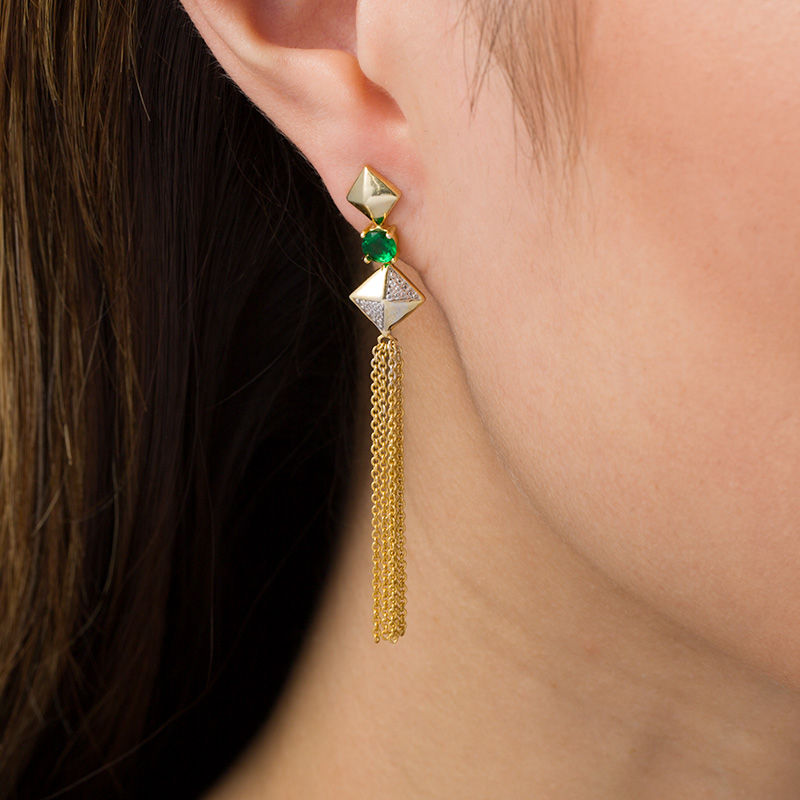 Main Image 2 of Lab-Created Emerald and 0.066 CT. T.W. Diamond Tilted Square Tassel Drop Earrings in Sterling Silver with 14K Gold Plate