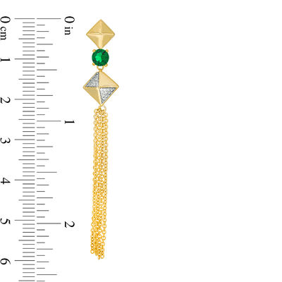 Lab-Created Emerald and 0.066 CT. T.W. Diamond Tilted Square Tassel Drop Earrings in Sterling Silver with 14K Gold Plate