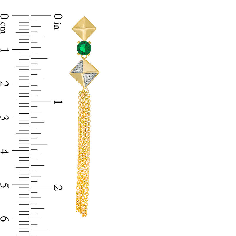 Main Image 3 of Lab-Created Emerald and 0.066 CT. T.W. Diamond Tilted Square Tassel Drop Earrings in Sterling Silver with 14K Gold Plate