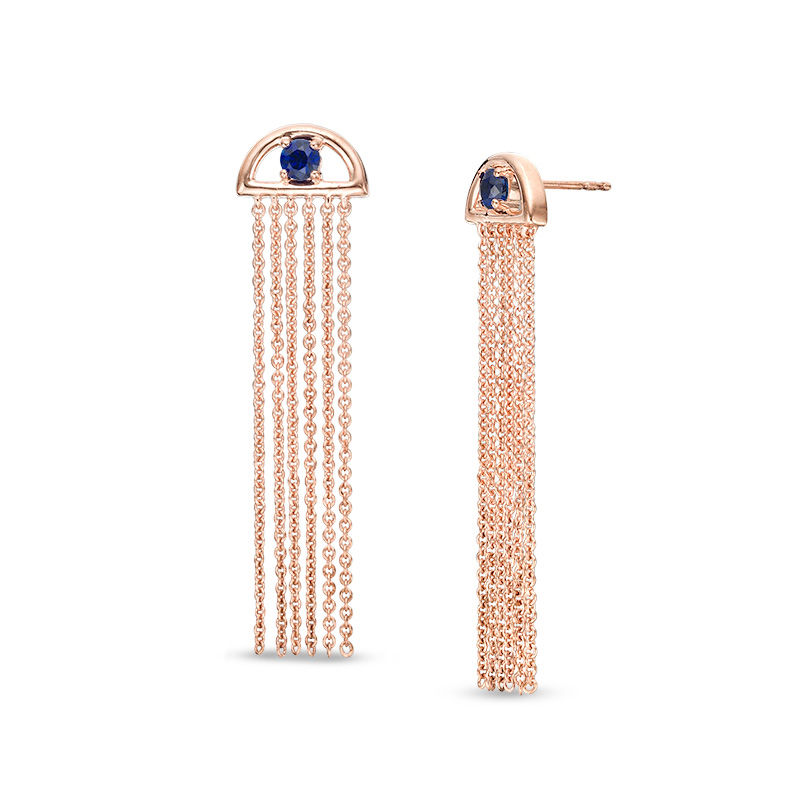 Lab-Created Blue Sapphire Solitaire Tassel Drop Earrings in Sterling Silver with 14K Rose Gold Plate