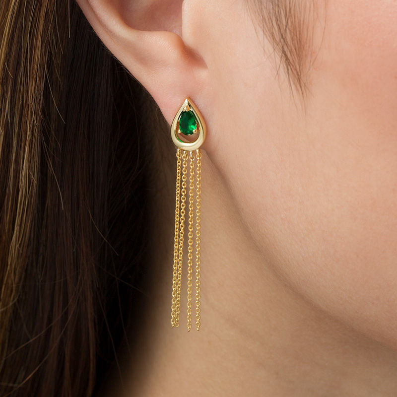 Main Image 2 of Pear-Shaped Lab-Created Emerald Solitaire Teardrop Frame Tassel Drop Earrings in Sterling Silver with 14K Gold Plate