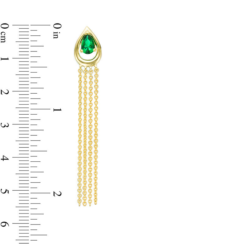 Main Image 3 of Pear-Shaped Lab-Created Emerald Solitaire Teardrop Frame Tassel Drop Earrings in Sterling Silver with 14K Gold Plate