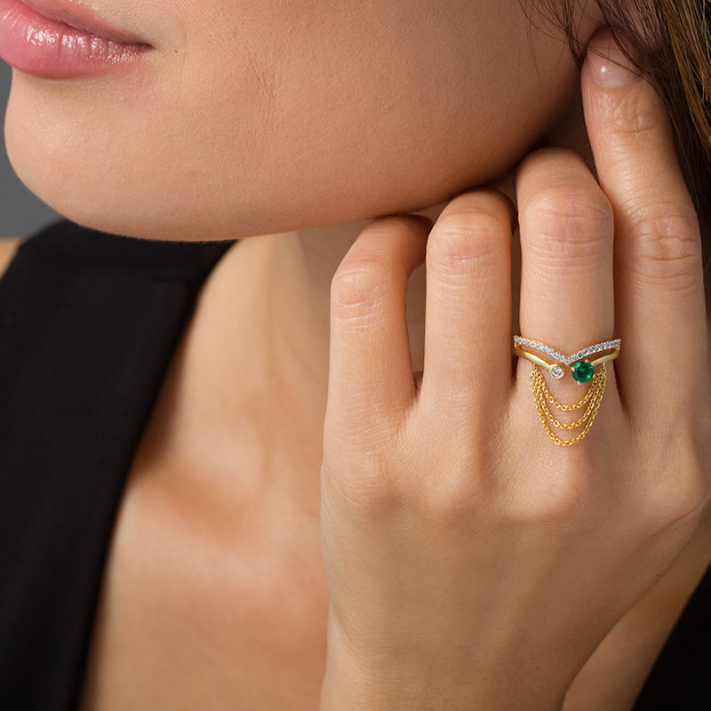 Main Image 2 of Lab-Created Emerald and White Sapphire Chevron Open Split Shank Chain Dangle Ring in Sterling Silver with 14K Gold Plate