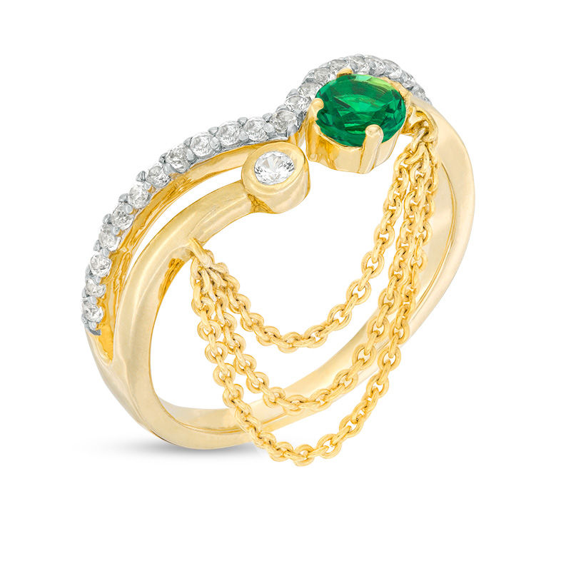 Main Image 3 of Lab-Created Emerald and White Sapphire Chevron Open Split Shank Chain Dangle Ring in Sterling Silver with 14K Gold Plate