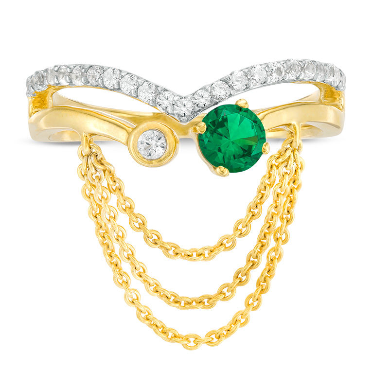 Main Image 4 of Lab-Created Emerald and White Sapphire Chevron Open Split Shank Chain Dangle Ring in Sterling Silver with 14K Gold Plate