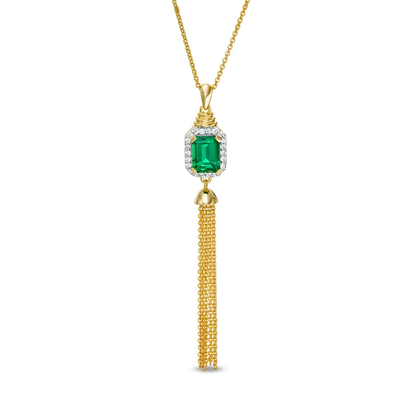 Emerald-Cut Lab-Created Emerald and White Sapphire Frame Tassel Dangle Pendant in Sterling Silver with 14K Gold Plate
