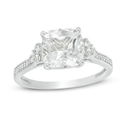 8.0mm Cushion-Cut Lab-Created White Sapphire and 0.04 CT. T.W. Diamond Tri-Sides Engagement Ring in 10K White Gold