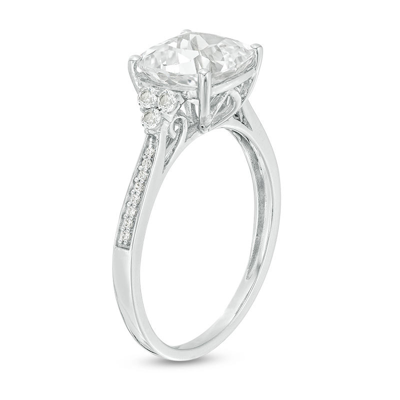 8.0mm Cushion-Cut Lab-Created White Sapphire and 0.04 CT. T.W. Diamond Tri-Sides Engagement Ring in 10K White Gold