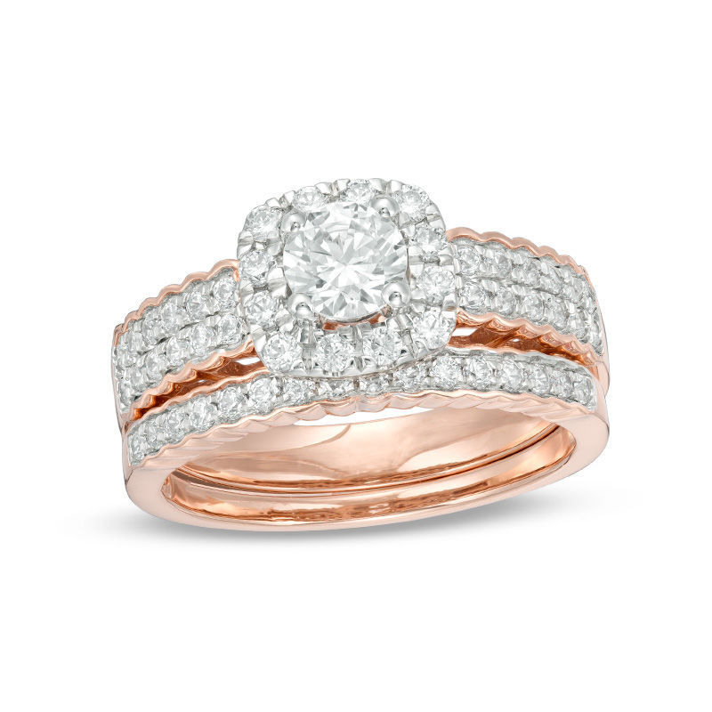 0.91 CT. T.W. Diamond Cushion Frame Bridal Set in 10K Rose Gold