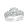 Thumbnail Image 0 of 0.22 CT. T.W. Diamond Cushion Frame Vintage-Style Bridal Set in 10K White Gold