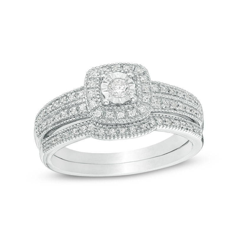 Main Image 1 of 0.22 CT. T.W. Diamond Cushion Frame Vintage-Style Bridal Set in 10K White Gold