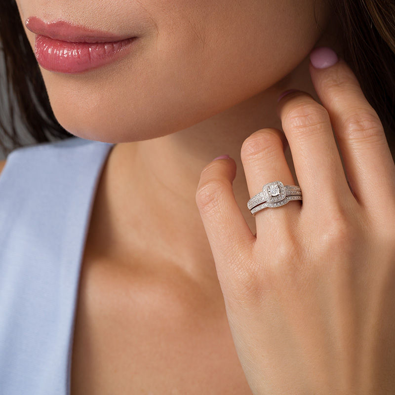 Main Image 2 of 0.22 CT. T.W. Diamond Cushion Frame Vintage-Style Bridal Set in 10K White Gold