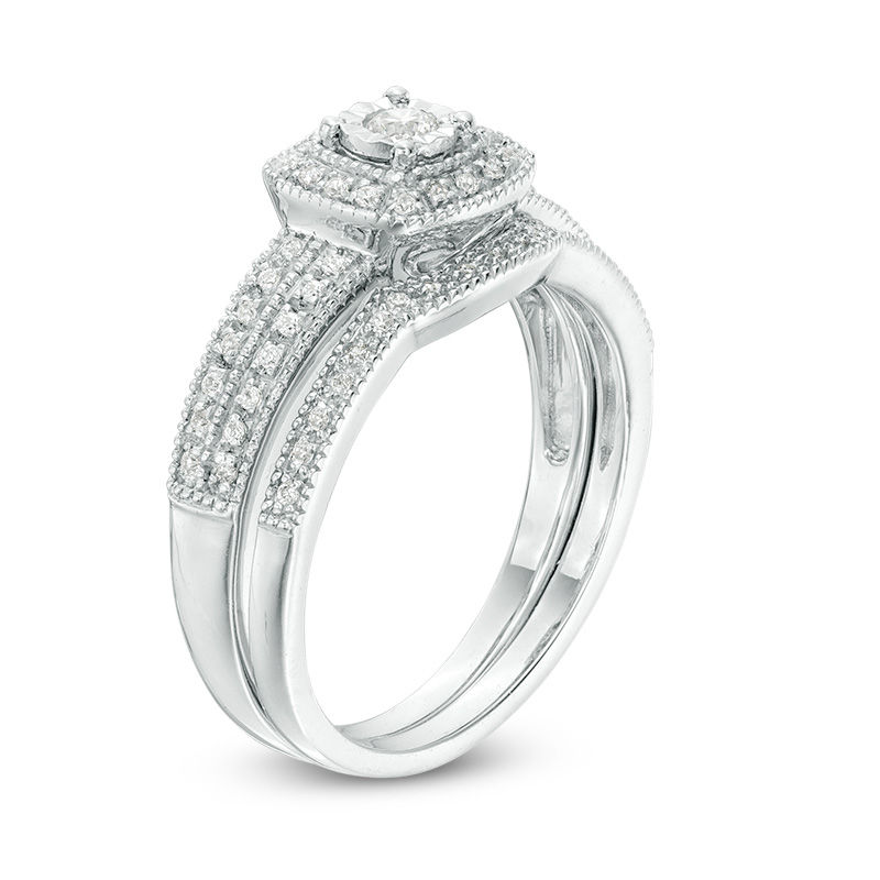 Main Image 3 of 0.22 CT. T.W. Diamond Cushion Frame Vintage-Style Bridal Set in 10K White Gold