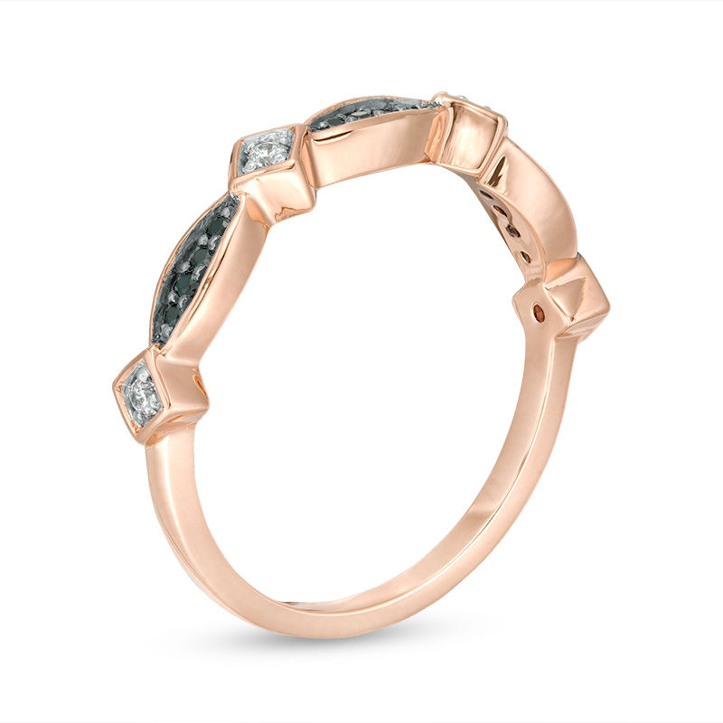 Main Image 3 of 0.116 CT. T.W. Enhanced Black and White Diamond Alternating Tilted Square and Marquise Stackable Band in 10K Rose Gold