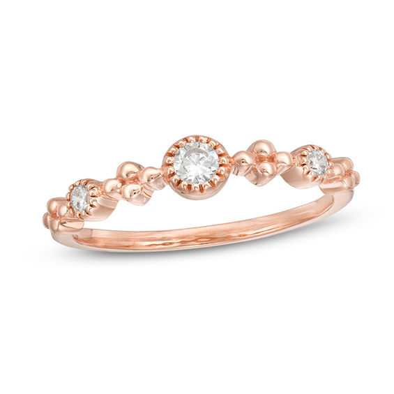 0.115 CT. T.W. Diamond Three Stone and Beaded Vintage-Style Stackable Band in 10K Rose Gold