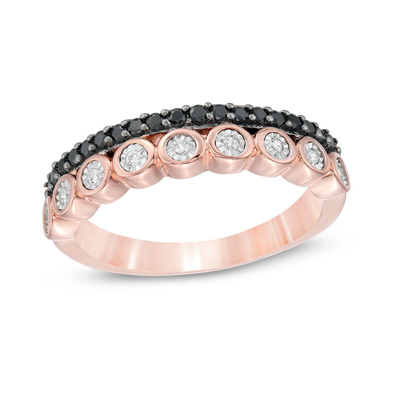 0.23 CT. T.W. Enhanced Black and White Diamond Double Row Stackable Band in 10K Rose Gold