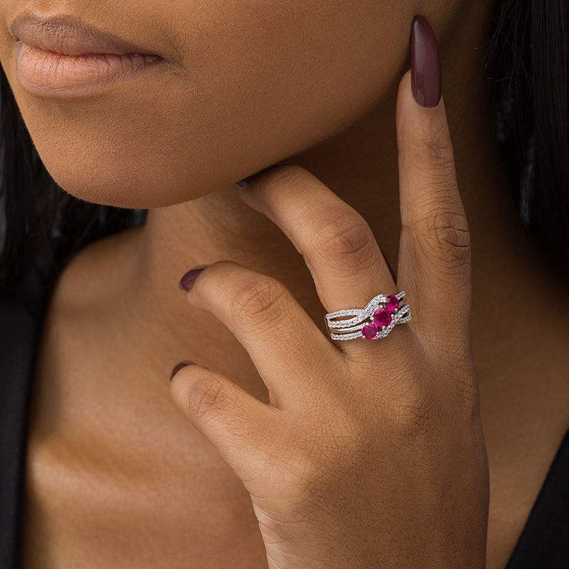 Main Image 2 of Lab-Created Ruby and White Sapphire Slanted Three Stone Ring in Sterling Silver