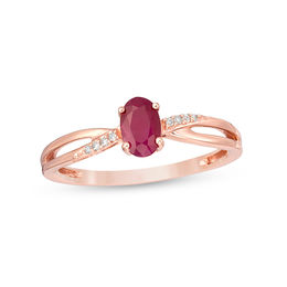 Oval Ruby and Diamond Accent Crossover Split Shank Ring in 10K Rose Gold