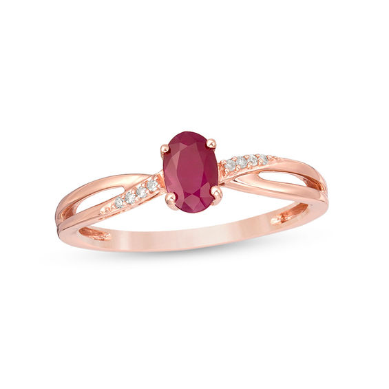 Oval Certified Ruby and Diamond Accent Crossover Split Shank Ring in 10K Rose Gold