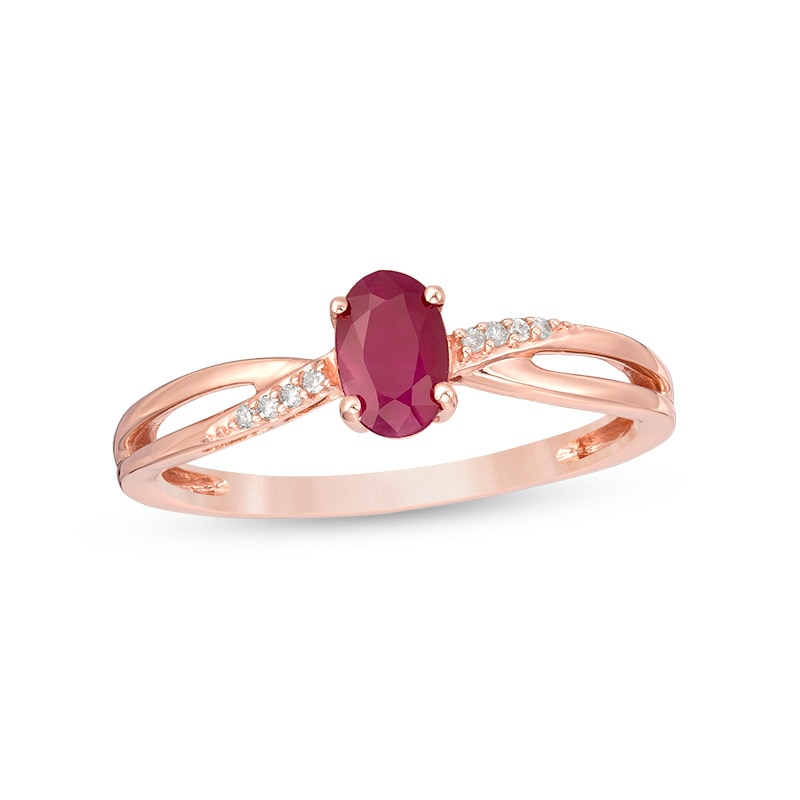 Oval Certified Ruby and Diamond Accent Crossover Split Shank Ring 10K Rose Gold