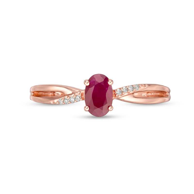 Oval Ruby and Diamond Accent Crossover Split Shank Ring in 10K Rose Gold