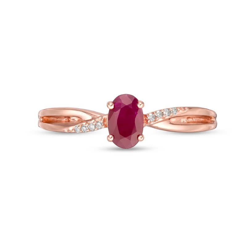 Oval Certified Ruby and Diamond Accent Crossover Split Shank Ring 10K Rose Gold
