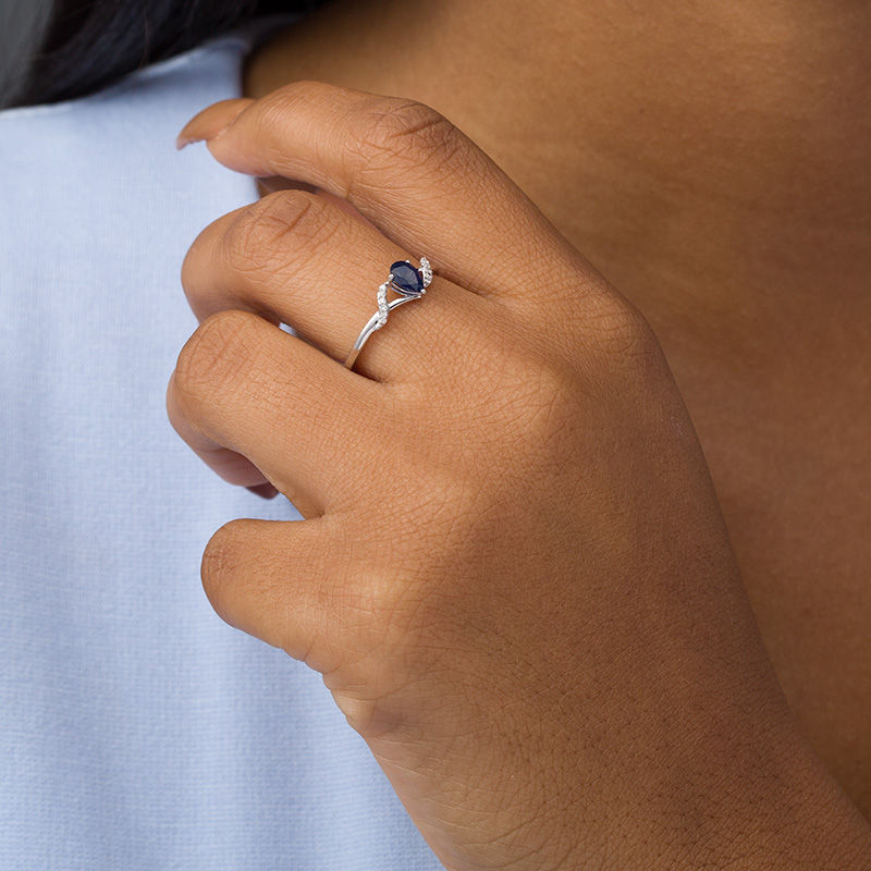 Pear-Shaped Blue Sapphire and Diamond Accent Split Shank Ring in 10K White Gold|Peoples Jewellers