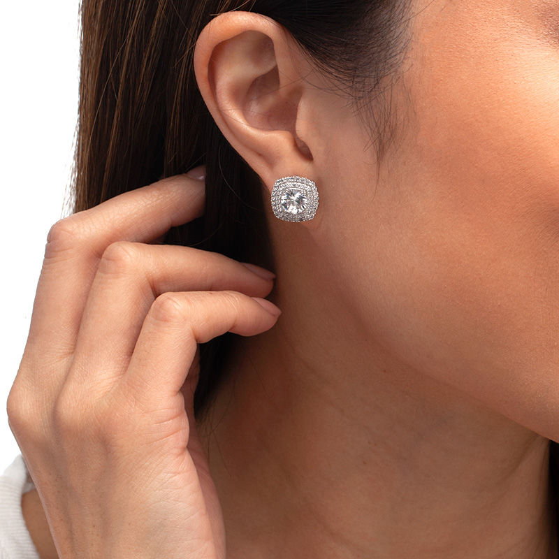 Main Image 2 of 7.0mm Lab-Created White Sapphire Cushion-Shaped Double Frame Stud Earrings in Sterling Silver