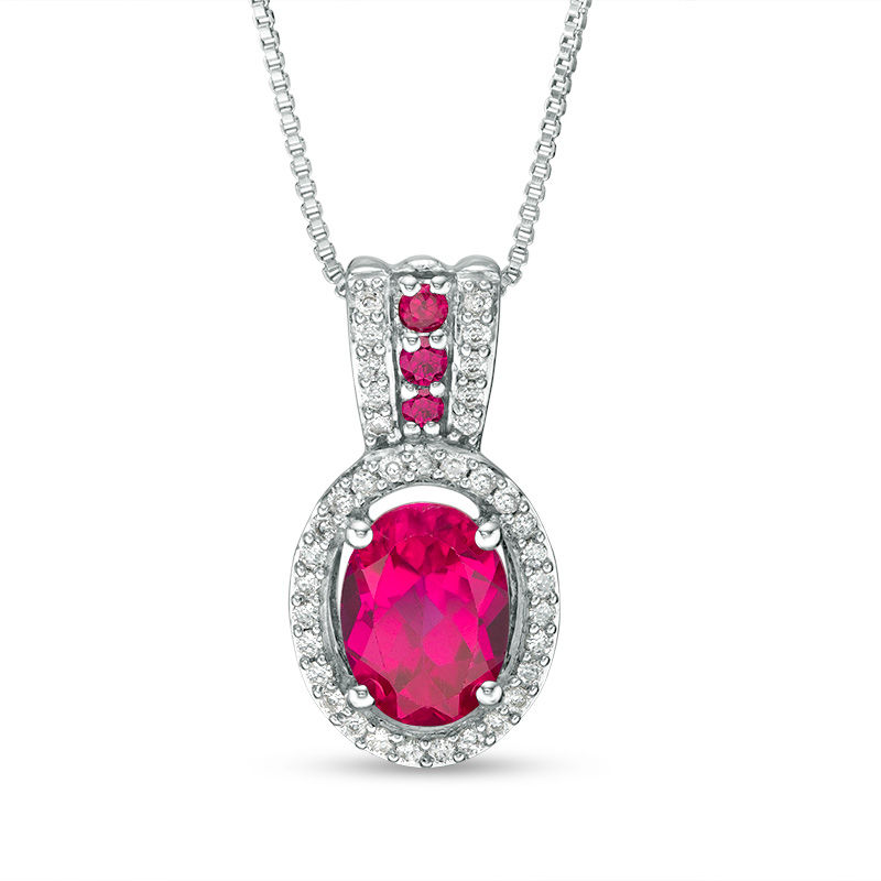 Oval Lab-Created Ruby and White Sapphire Frame Pendant in Sterling Silver