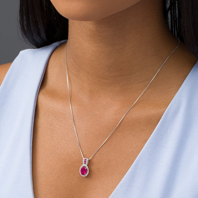 Oval Lab-Created Ruby and White Sapphire Frame Pendant in Sterling Silver