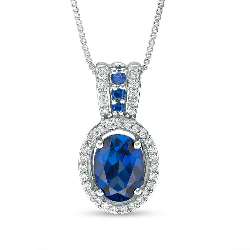 Oval Lab-Created Blue Ceylon and White Sapphire Frame Pendant in Sterling Silver