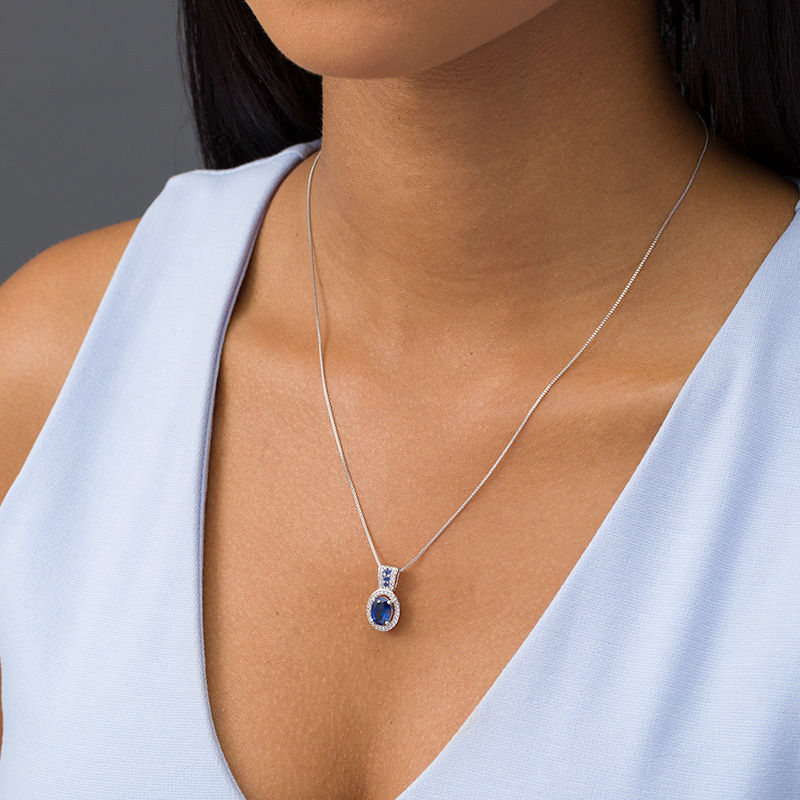 Oval Lab-Created Blue Ceylon and White Sapphire Frame Pendant in Sterling Silver