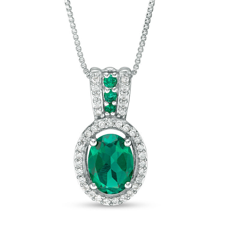 Oval Lab-Created Emerald and White Sapphire Frame Pendant in Sterling Silver