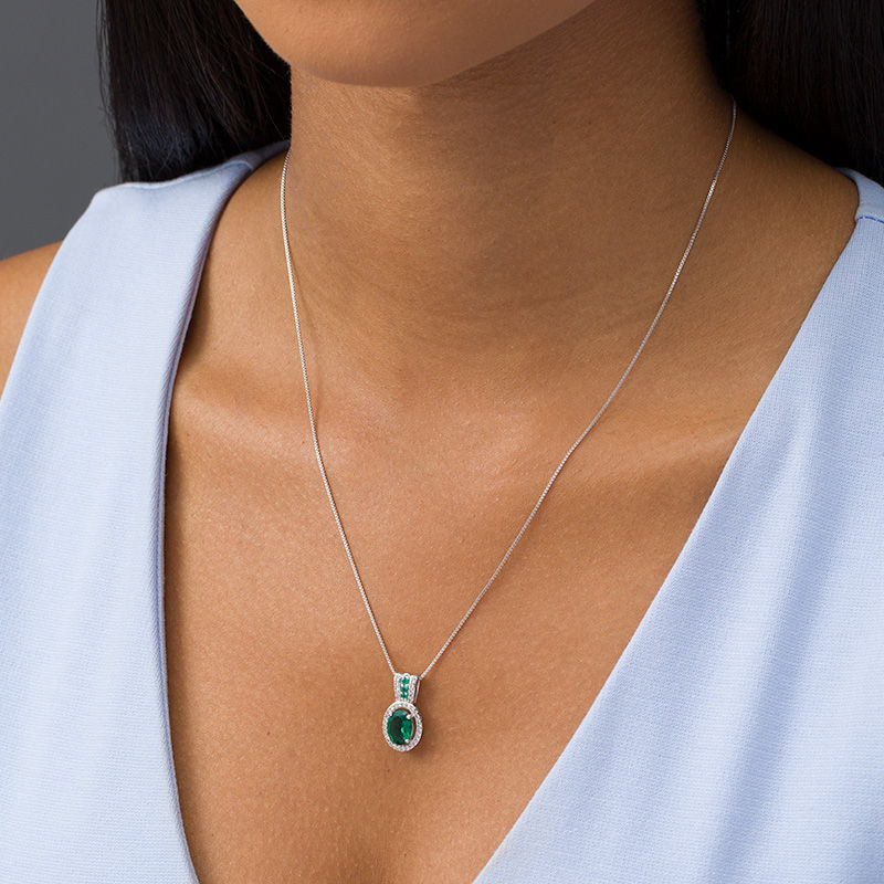 Oval Lab-Created Emerald and White Sapphire Frame Pendant in Sterling Silver