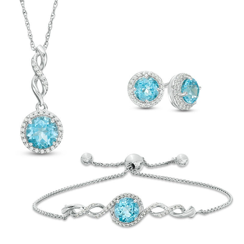 Swiss Blue Topaz and Lab-Created White Sapphire Three Piece Set in Sterling Silver