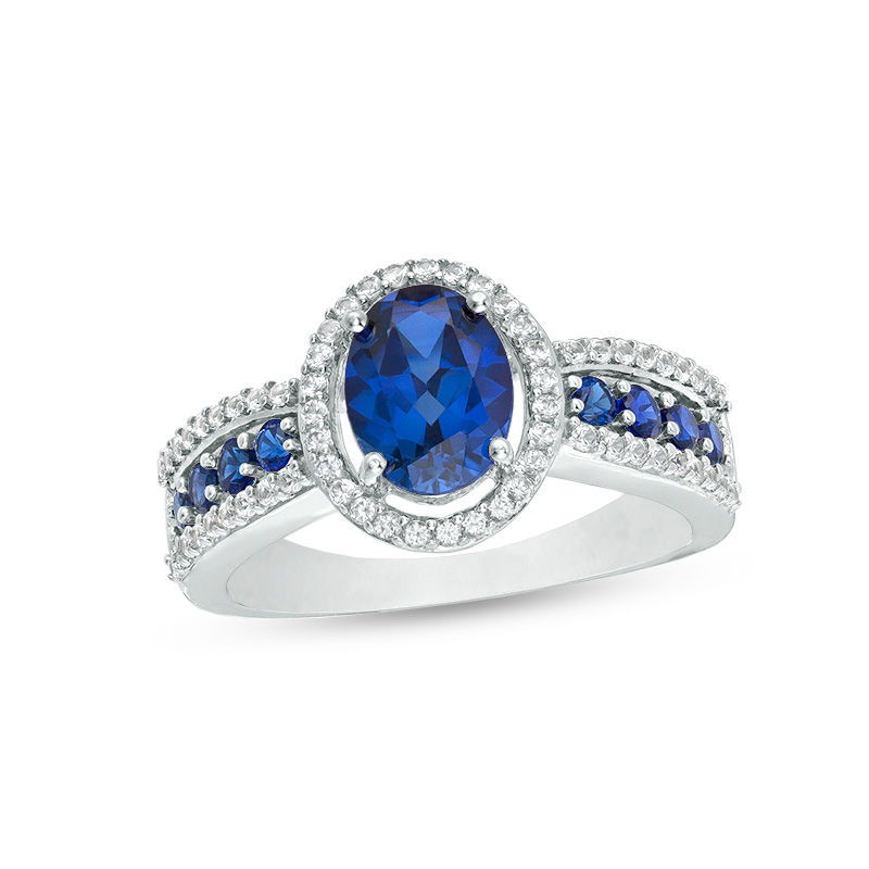 Oval Lab-Created Blue Ceylon and White Sapphire Frame Ring in Sterling Silver