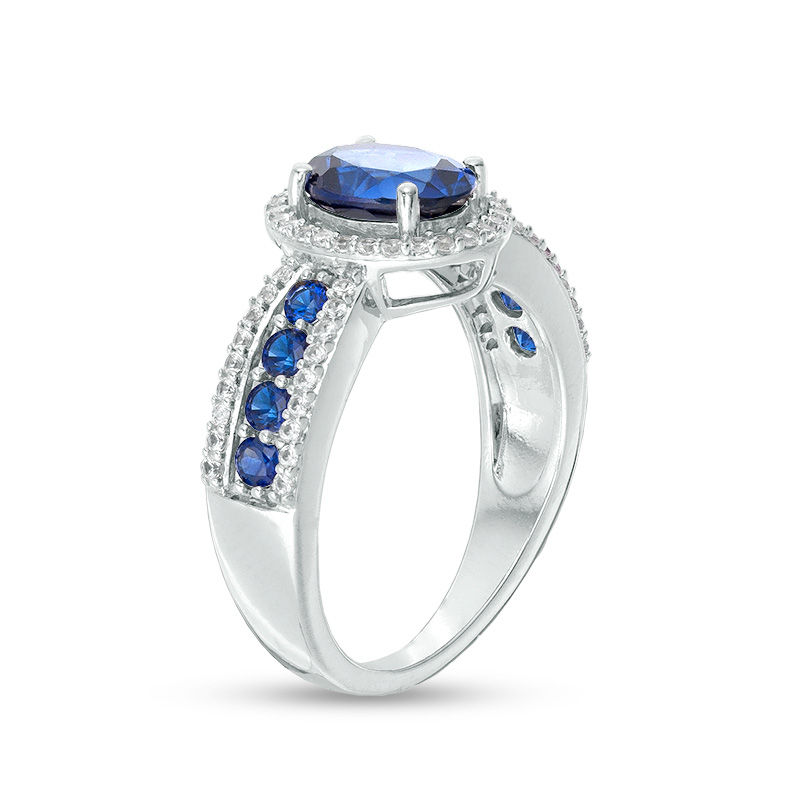 Oval Lab-Created Blue Ceylon and White Sapphire Frame Ring in Sterling Silver