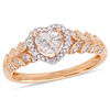 Thumbnail Image 1 of 5.0mm Heart-Shaped Lab-Created White Sapphire and 0.055 CT. T.W. Diamond Layered Leaf Shank Ring in 10K Rose Gold